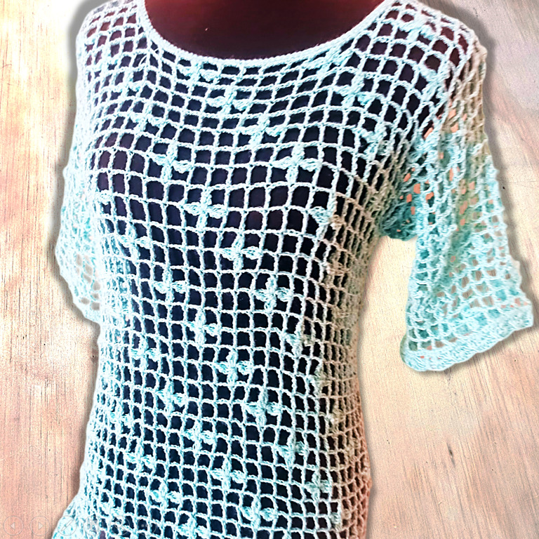 Blusa Calada Tejida Crochet Verde Agua - Imagen 3